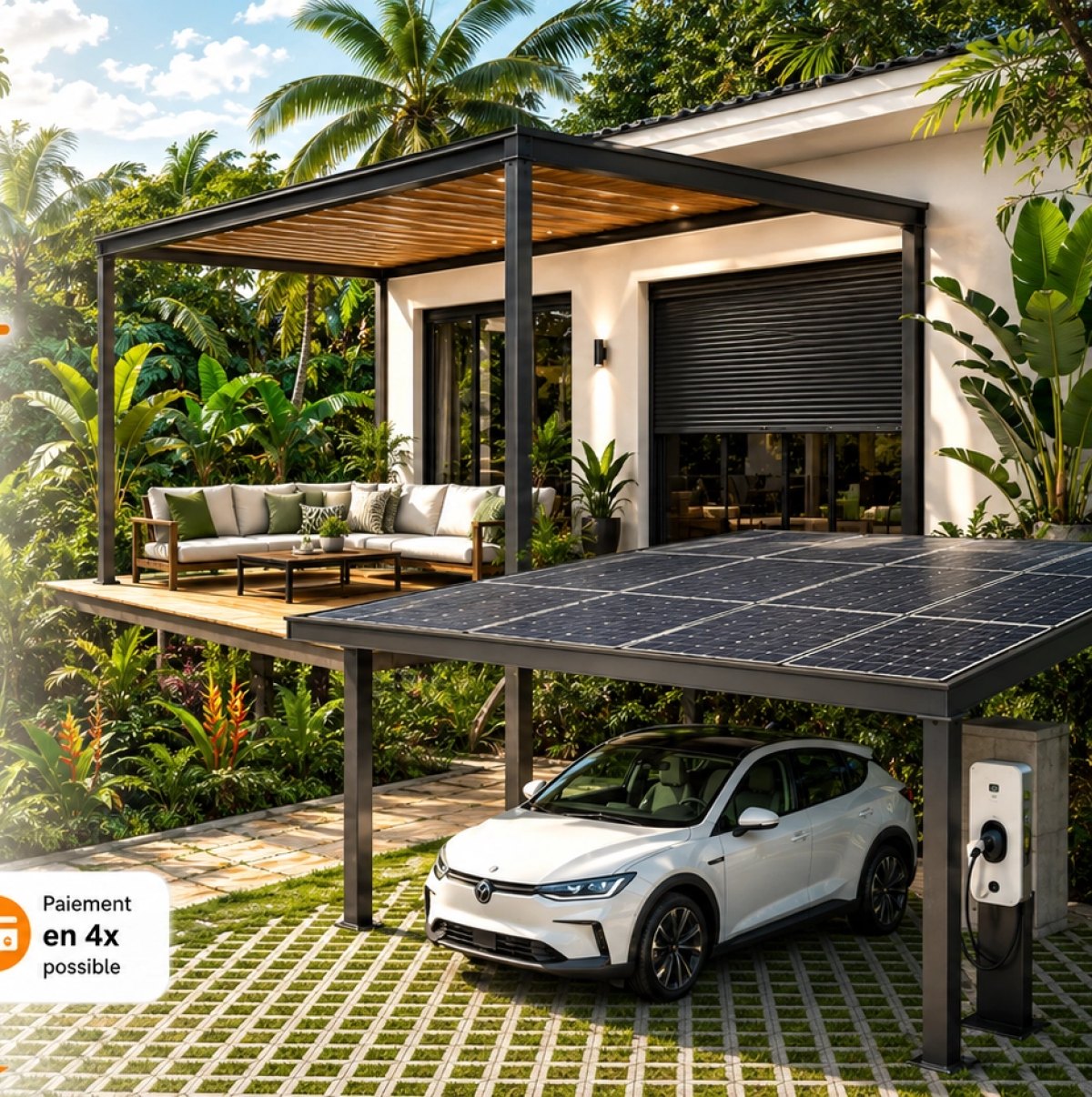 Villa en Guadeloupe, à Saint-Martin et à Saint-Barthélemy avec pergola bioclimatique, volets roulants et carport solaire Nord System